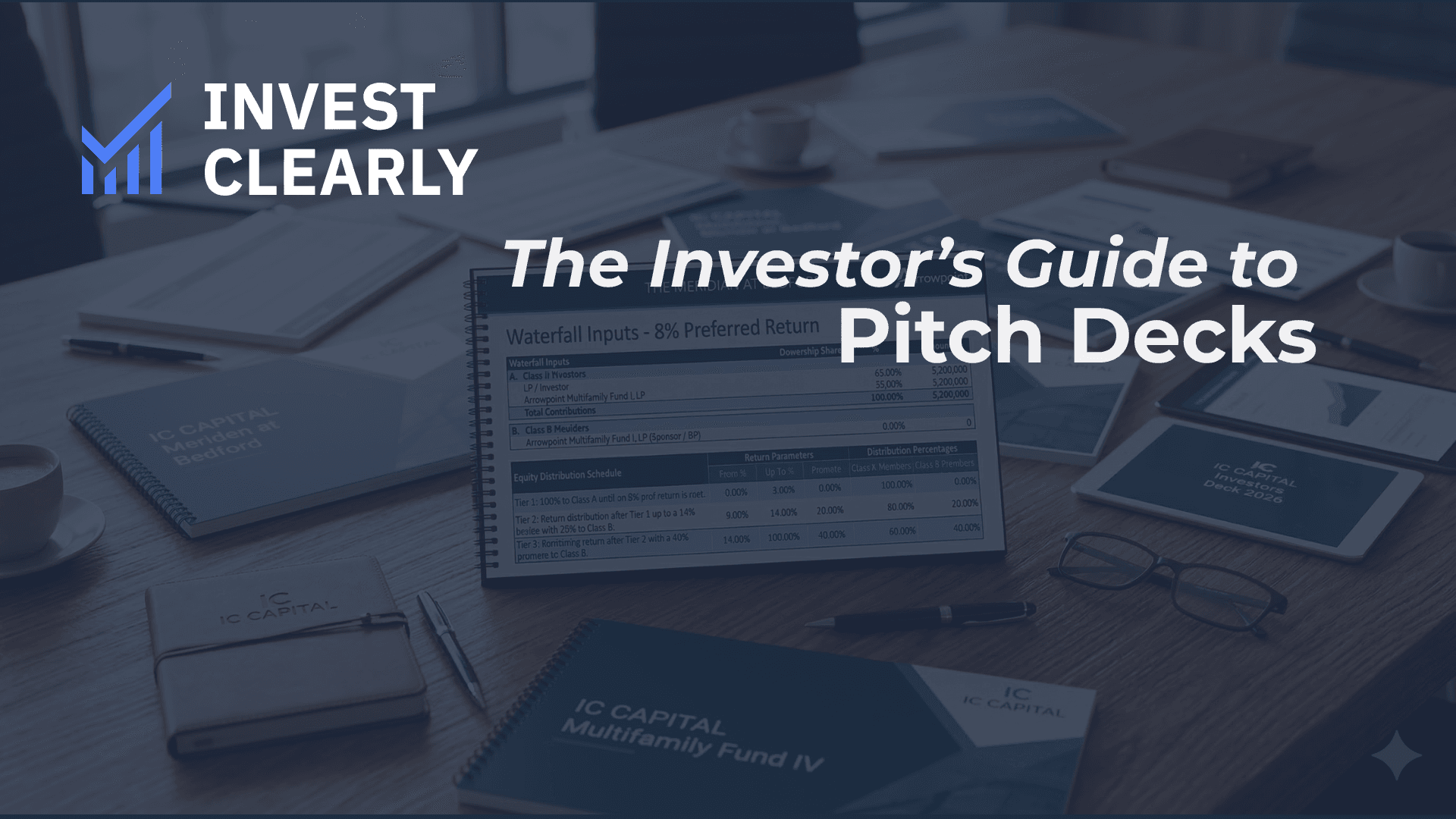 Invest Clearly branded cover image titled “The Investor’s Guide to Pitch Decks,” showing a conference table with financial documents, tablets, notebooks, and a printed waterfall model with an 8% preferred return.